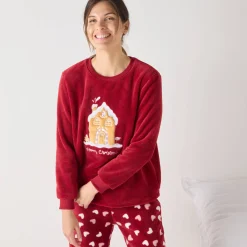 Pyjama<Blancheporte Pyjama met "huis" motief, fleecetricot met pluchetouch rood