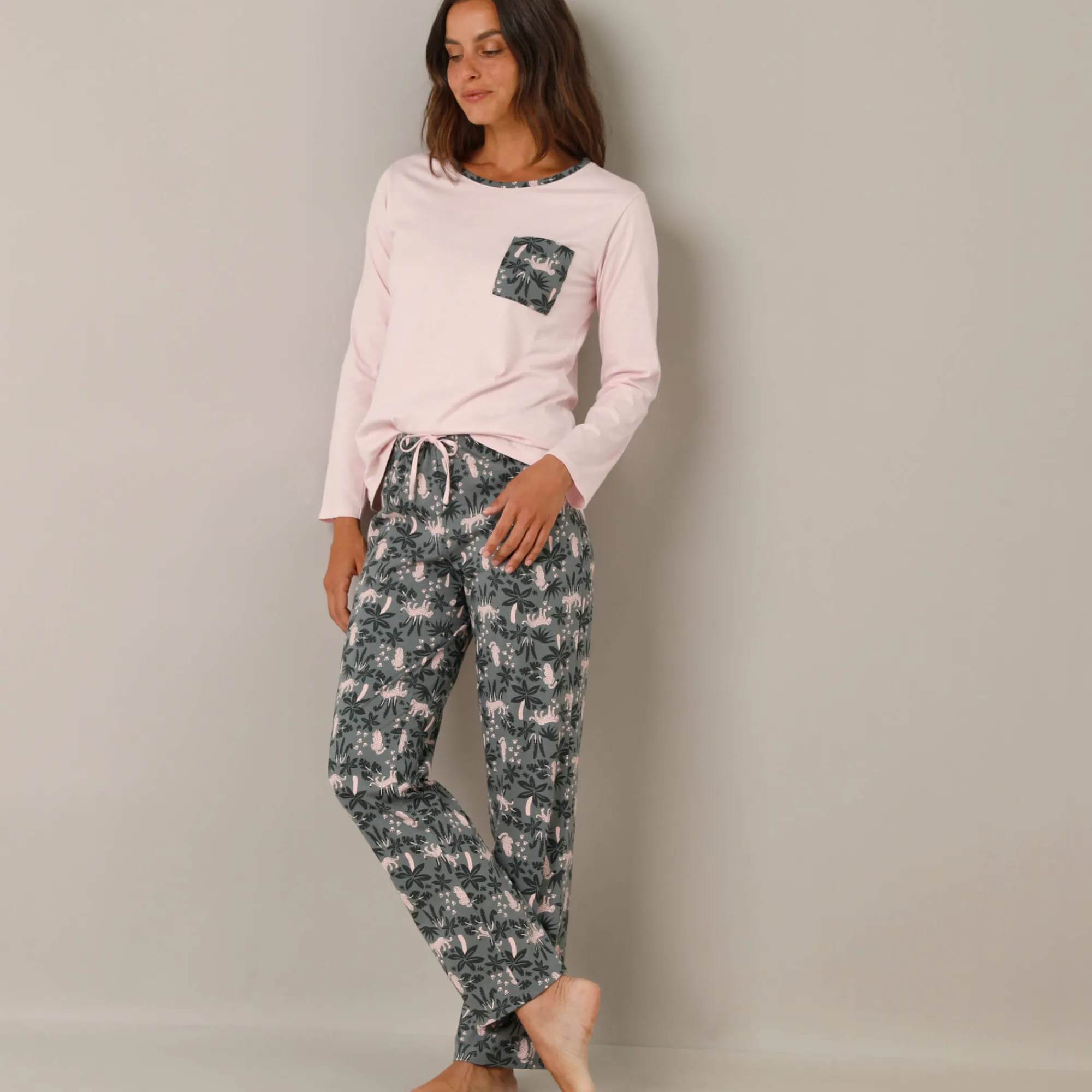 Pyjama<Blancheporte Pyjama met jungleprint, katoenen jersey grijs / roze