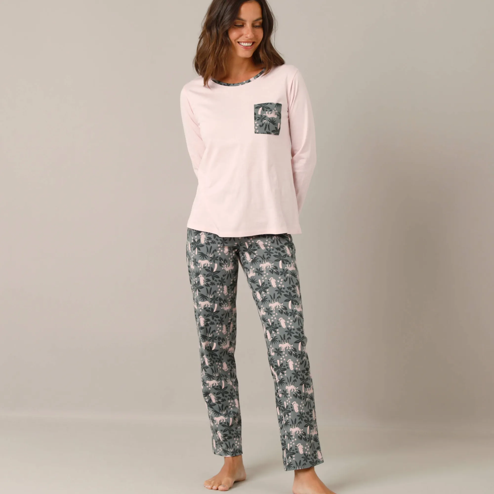 Pyjama<Blancheporte Pyjama met jungleprint, katoenen jersey grijs / roze