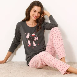 Pyjama<Blancheporte Pyjama met 'kat' print chiné grijs / roze