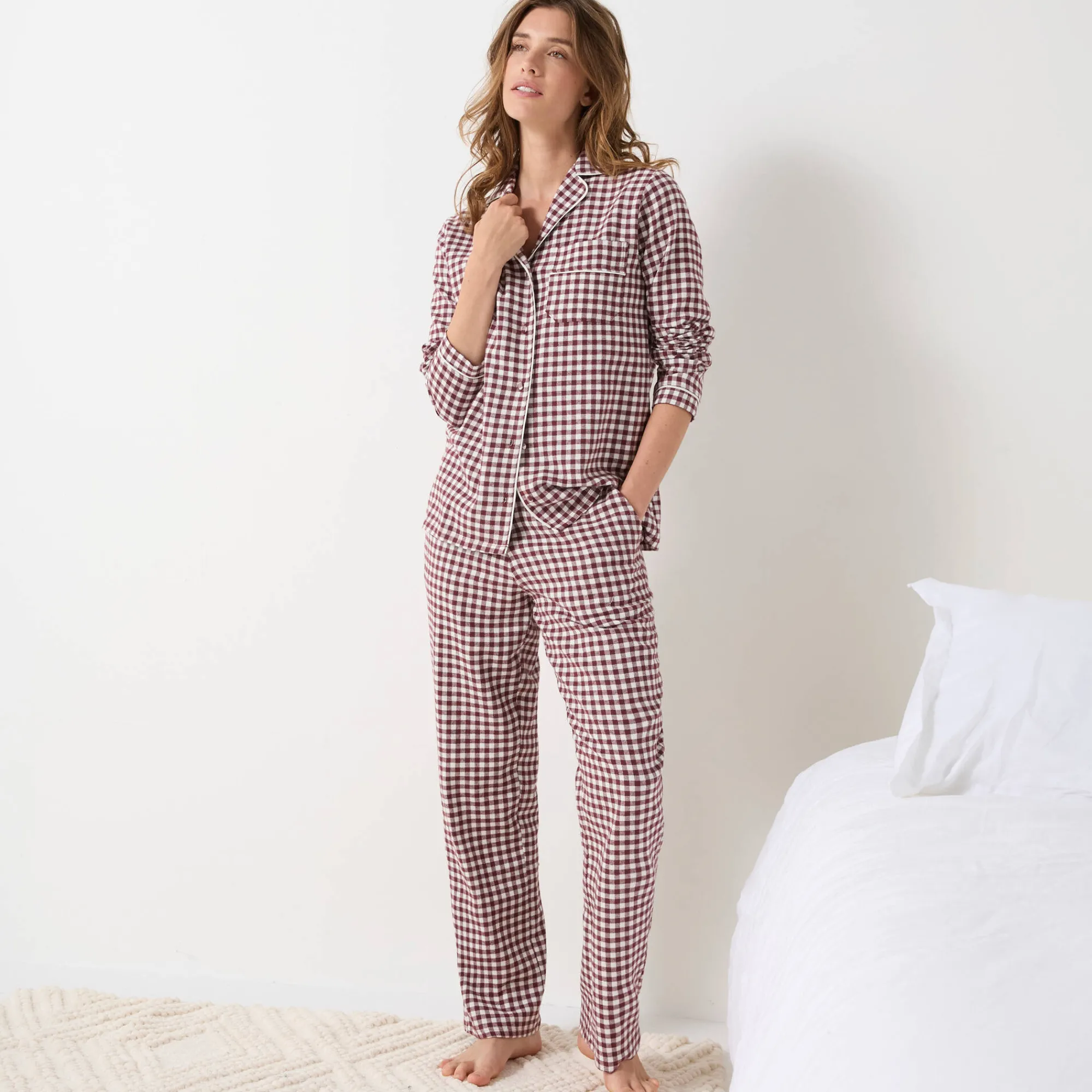 Pyjama<Blancheporte Pyjama met knoopsluiting en lange mouwen, in flanel met ingeweven vichymotief chocolade / ecru