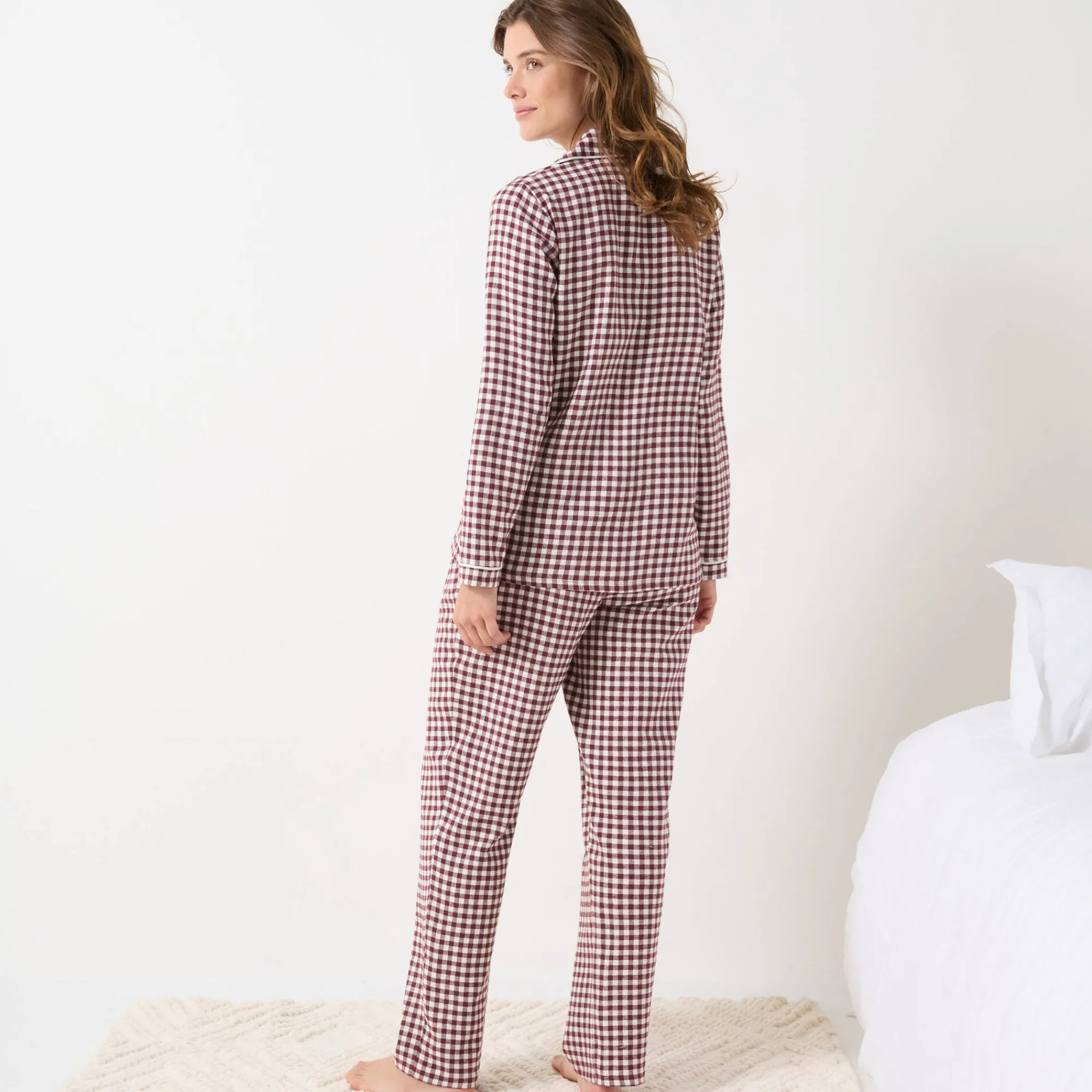 Pyjama<Blancheporte Pyjama met knoopsluiting en lange mouwen, in flanel met ingeweven vichymotief chocolade / ecru