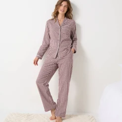 Pyjama<Blancheporte Pyjama met knoopsluiting en lange mouwen, in flanel met ingeweven vichymotief chocolade / ecru