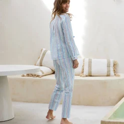 Pyjama<Blancheporte Pyjama met knopen in seersucker - hemdkraag ecru / blauw