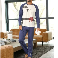 Pyjama En Kamerjas<Blancheporte Pyjama met lange mouwen en bamboemotief ecru / indigo