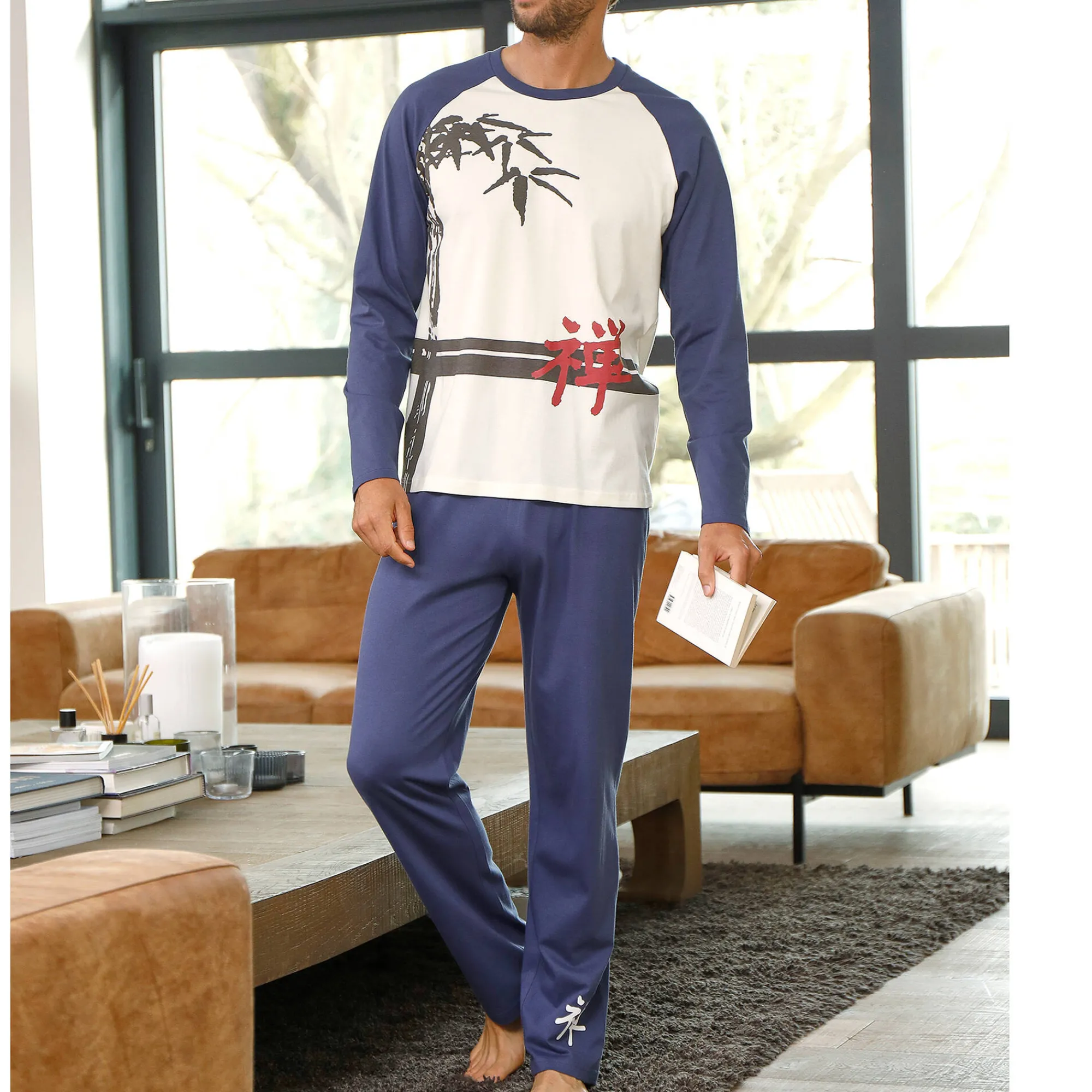 Pyjama En Kamerjas<Blancheporte Pyjama met lange mouwen en bamboemotief ecru / indigo