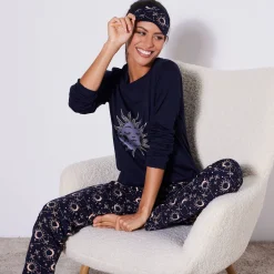 Pyjama<Blancheporte Pyjama met lange mouwen en "Sterren" print, met gratis slaapmasker marine