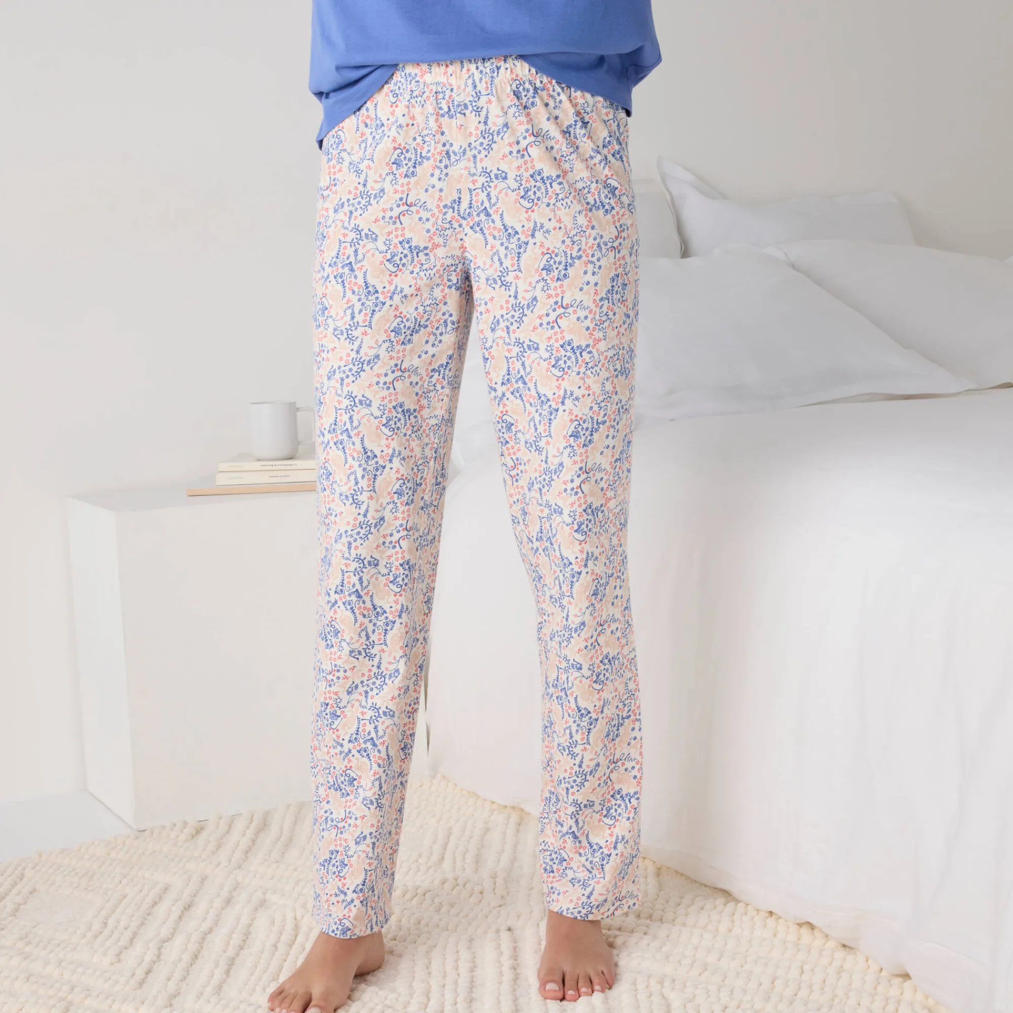 Pyjama<Blancheporte Pyjama met pasje in plumetis - vogelprint ecru / blauw