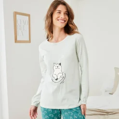 Pyjama<Blancheporte Pyjama met "poes" motief en lange strookmouwen groen / celadon