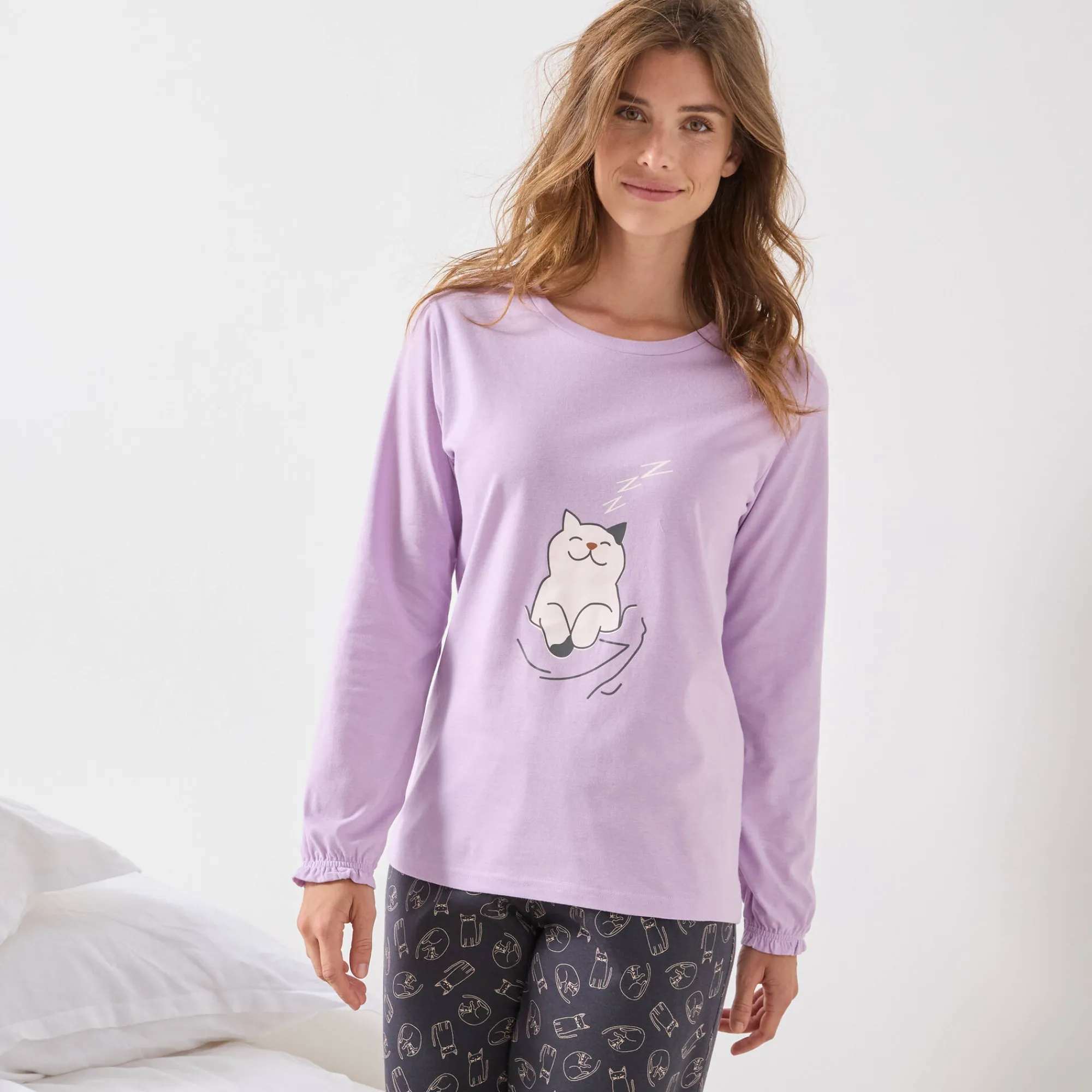 Pyjama<Blancheporte Pyjama met "poes" motief en lange strookmouwen parma / grijs