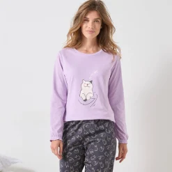 Pyjama<Blancheporte Pyjama met "poes" motief en lange strookmouwen parma / grijs