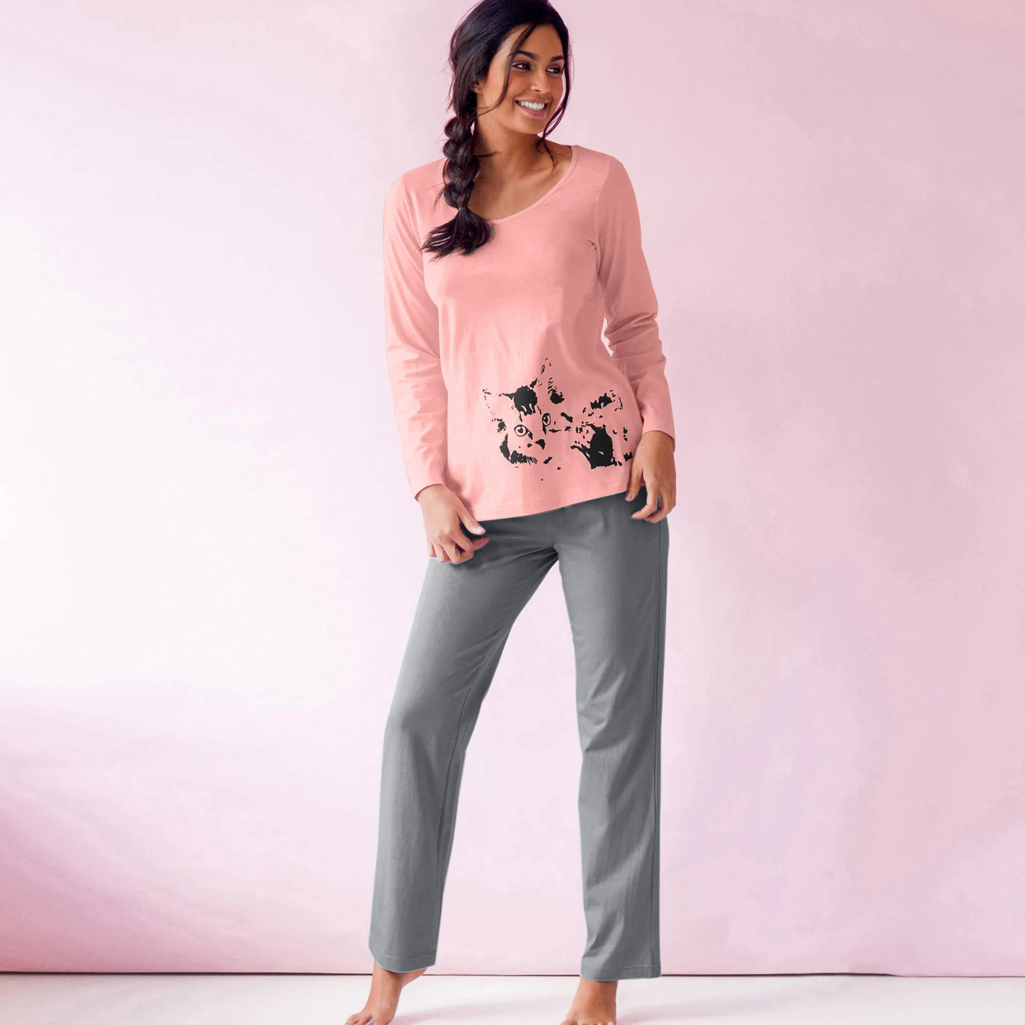 Pyjama<Blancheporte Pyjama met poesmotief - set van 2 perzik + celadon