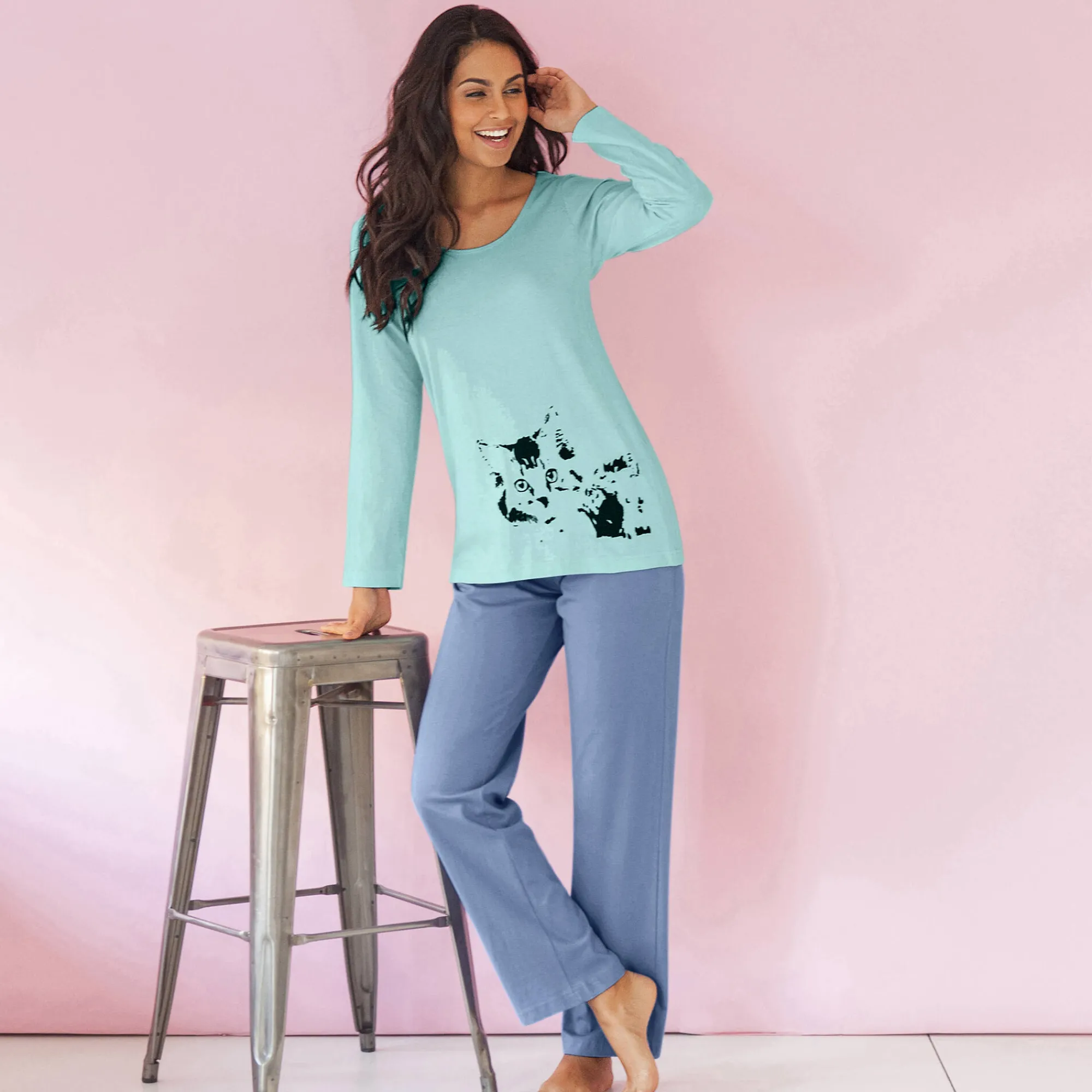 Pyjama<Blancheporte Pyjama met poesmotief - set van 2 perzik + celadon