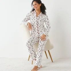 Pyjama<Blancheporte Pyjama met reverskraag en hulstprint ecru / kersenrood
