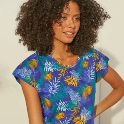 Pyjama<Blancheporte Pyjama T-shirt in katoen met korte mouwen - tropical print blauw / saffraangeel