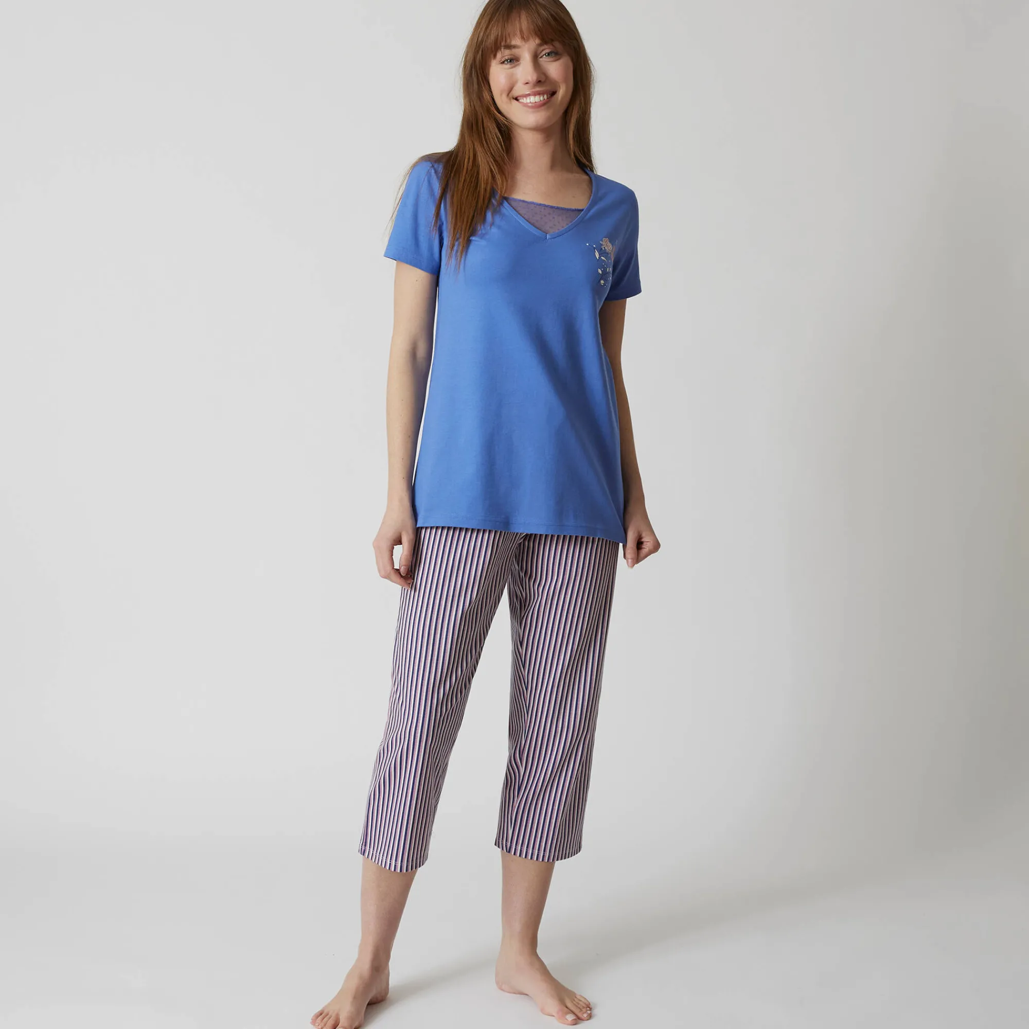 Pyjama<Blancheporte 3/4-pyjamabroek in katoen met strepenprint marine