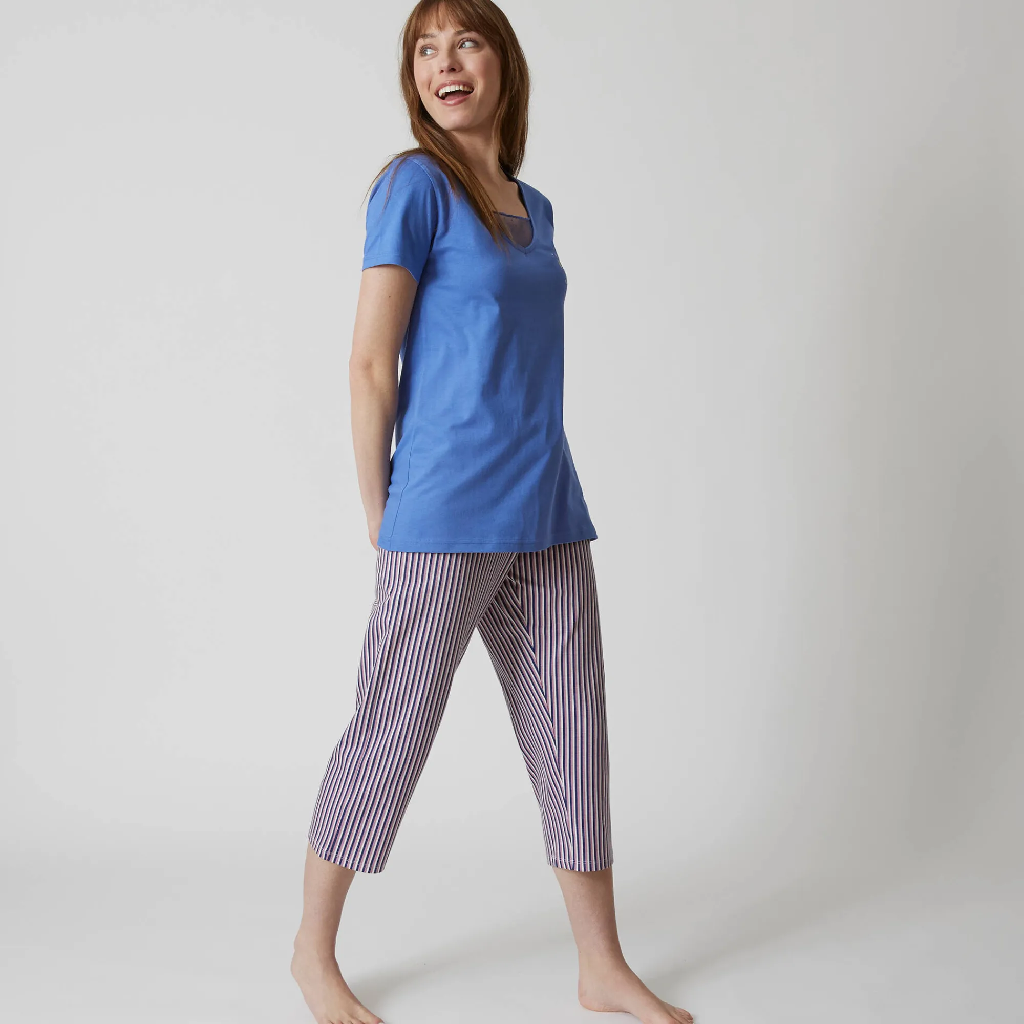 Pyjama<Blancheporte 3/4-pyjamabroek in katoen met strepenprint marine