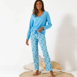Pyjama<Blancheporte Pyjamabroek in katoen met bloemblaadjesprint blauw / ecru