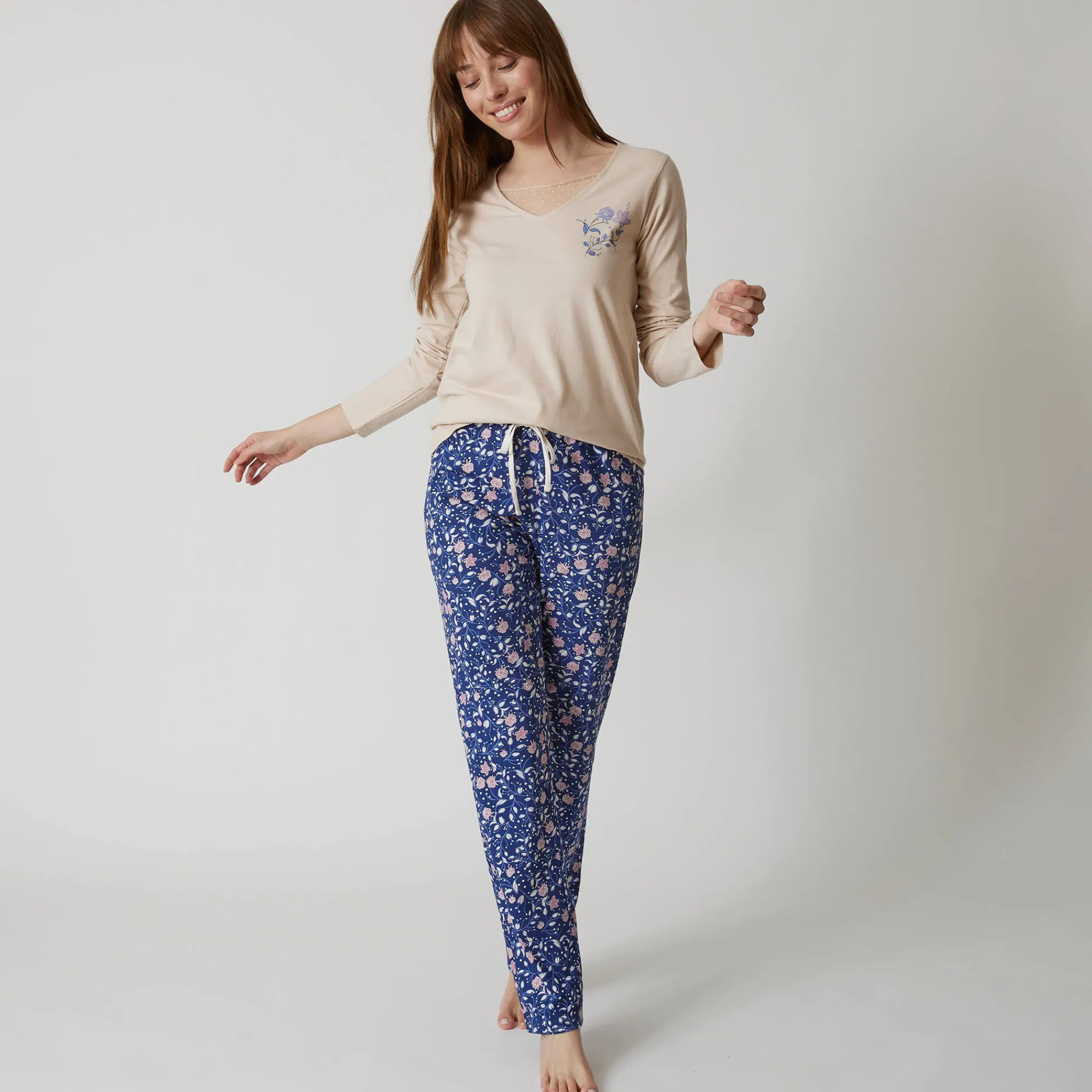 Pyjama<Blancheporte Pyjamabroek in katoen met bloemenprint marine / mauve