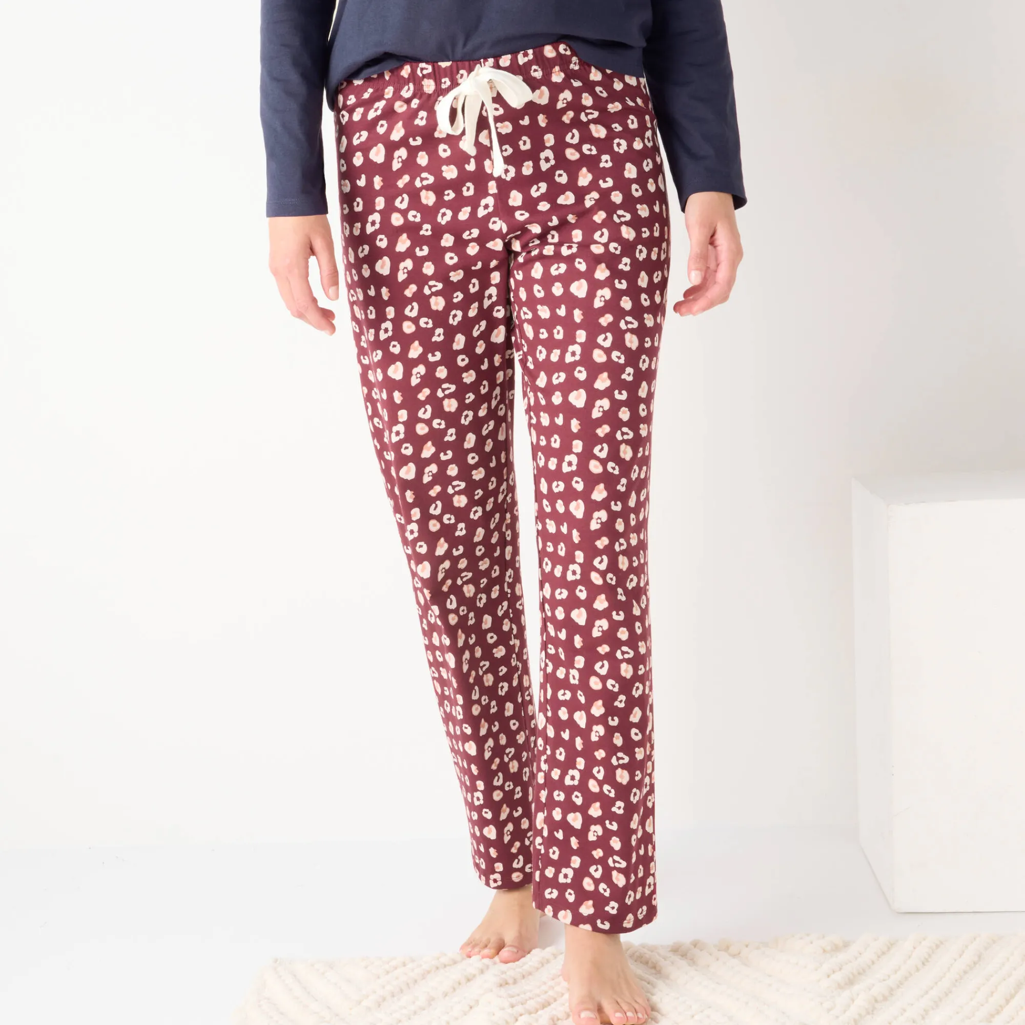 Pyjama<Blancheporte Pyjamabroek in katoen met print "Beautiful" bordeaux / ecru