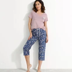 Pyjama<Blancheporte 3/4-pyjamabroek in katoen met bloemenprint marine / mauve