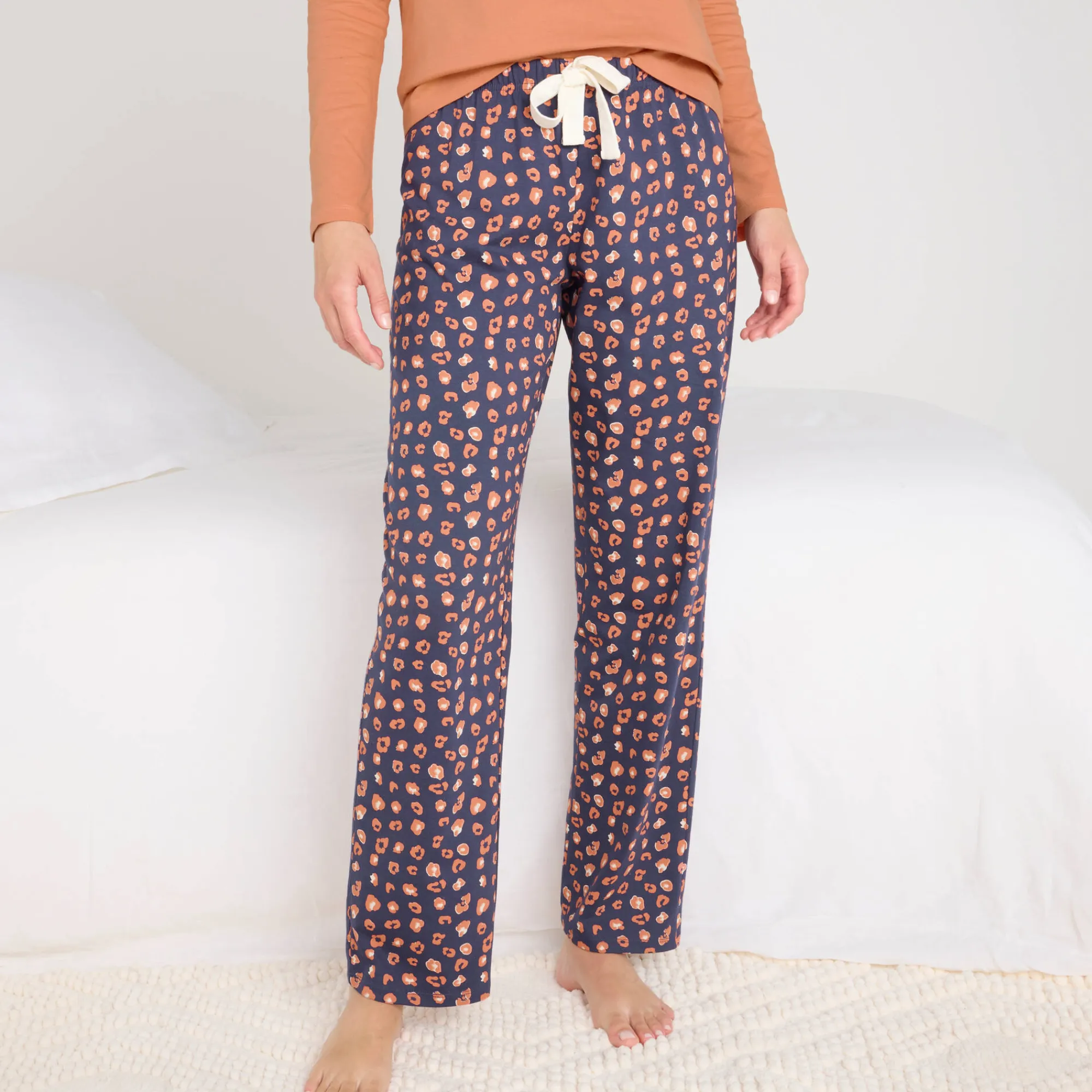 Pyjama<Blancheporte Pyjamabroek in katoen met print "Beautiful" marine / koper