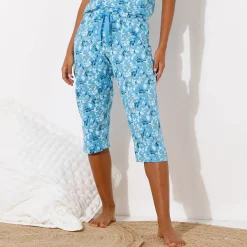 Pyjama<Blancheporte 3/4-pyjamabroek met bloemblaadjesprint blauw / ecru