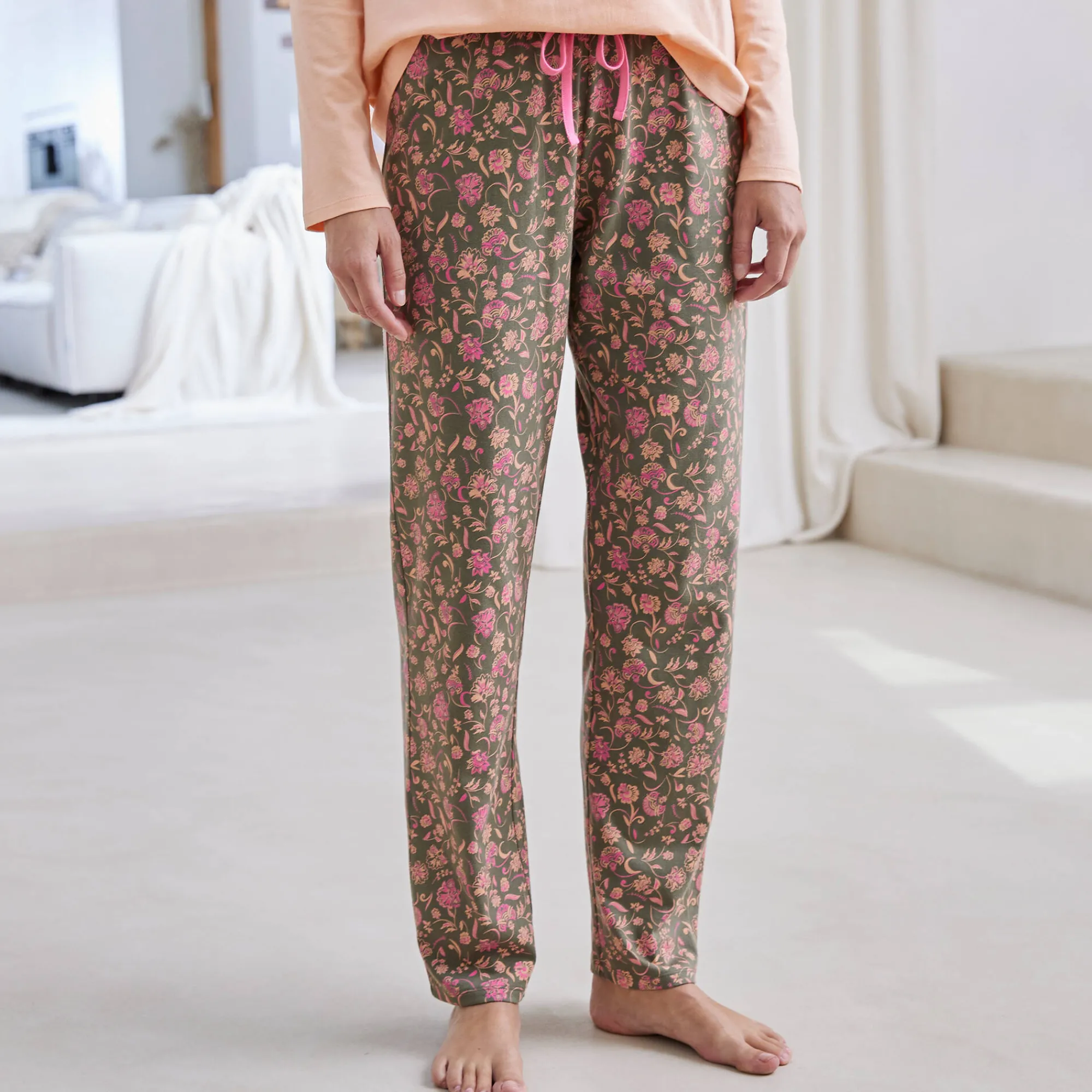 Pyjama<Blancheporte Pyjamabroek met bloemenprint "Bohème" kaki / roze