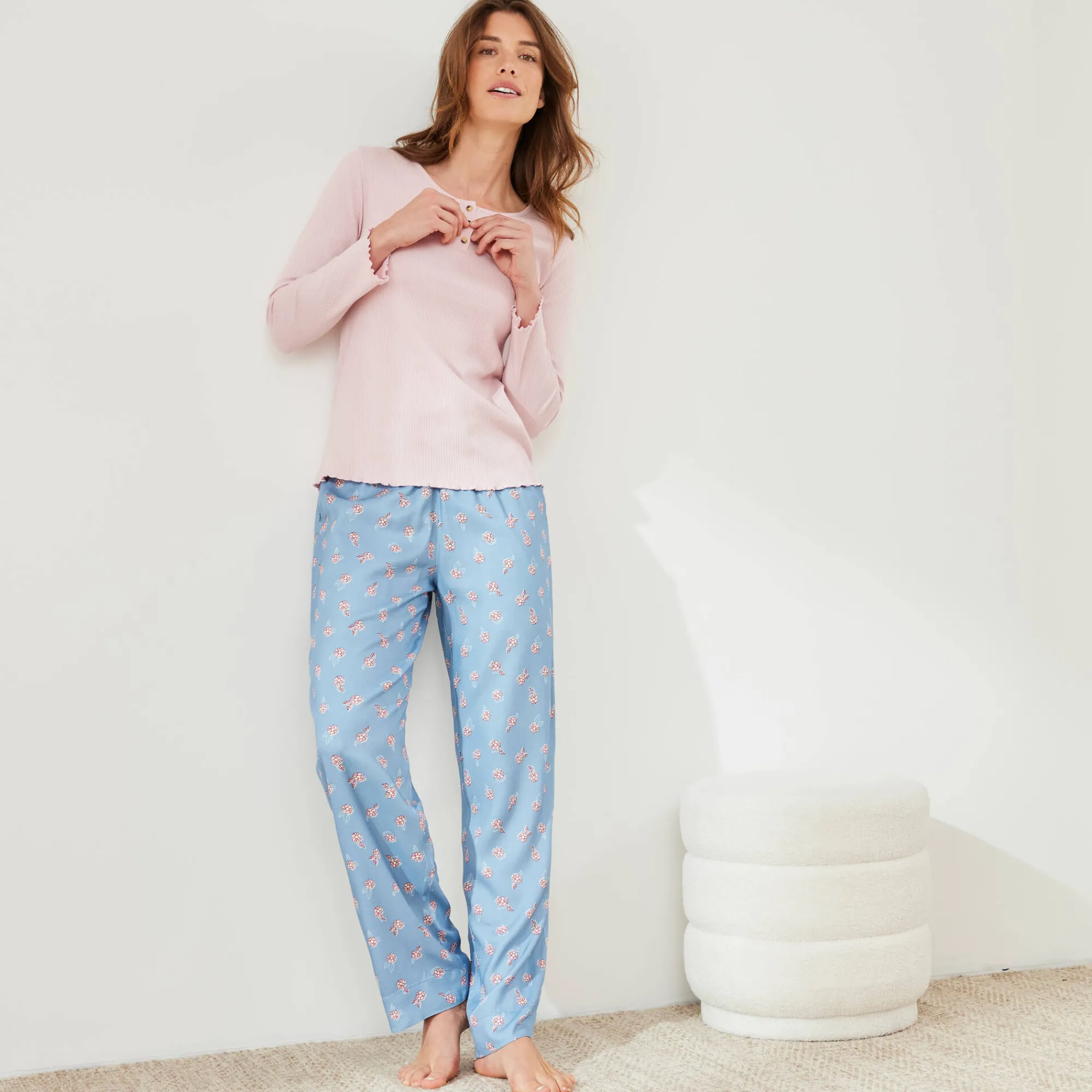 Pyjama<Blancheporte Pyjamabroek met bloemenprint blauw / roze