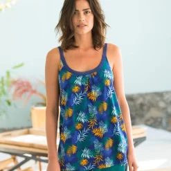 Pyjama<Blancheporte Pyjamashirt in katoen en macramé - tropical print blauw / saffraangeel