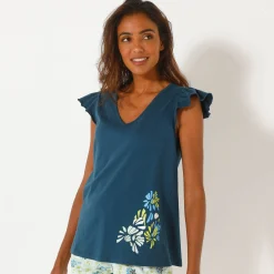 Pyjama<Blancheporte Pyjamashirt met korte mouwen en geplaatste bloemblaadjesprint donkerblauw
