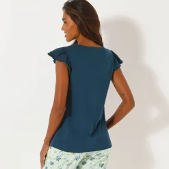Pyjama<Blancheporte Pyjamashirt met korte mouwen en geplaatste bloemblaadjesprint donkerblauw