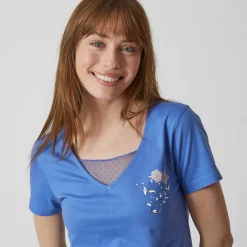 Pyjama<Blancheporte Pyjamashirt met korte mouwen en bloemenmotief jeansblauw