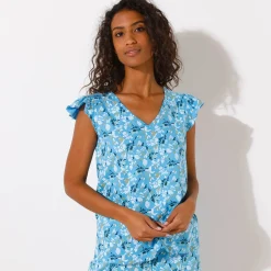 Pyjama<Blancheporte Pyjamashirt met korte mouwen en bloemblaadjesprint blauw / ecru