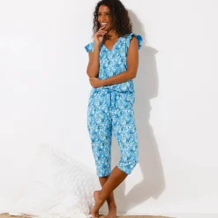 Pyjama<Blancheporte Pyjamashirt met korte mouwen en bloemblaadjesprint blauw / ecru