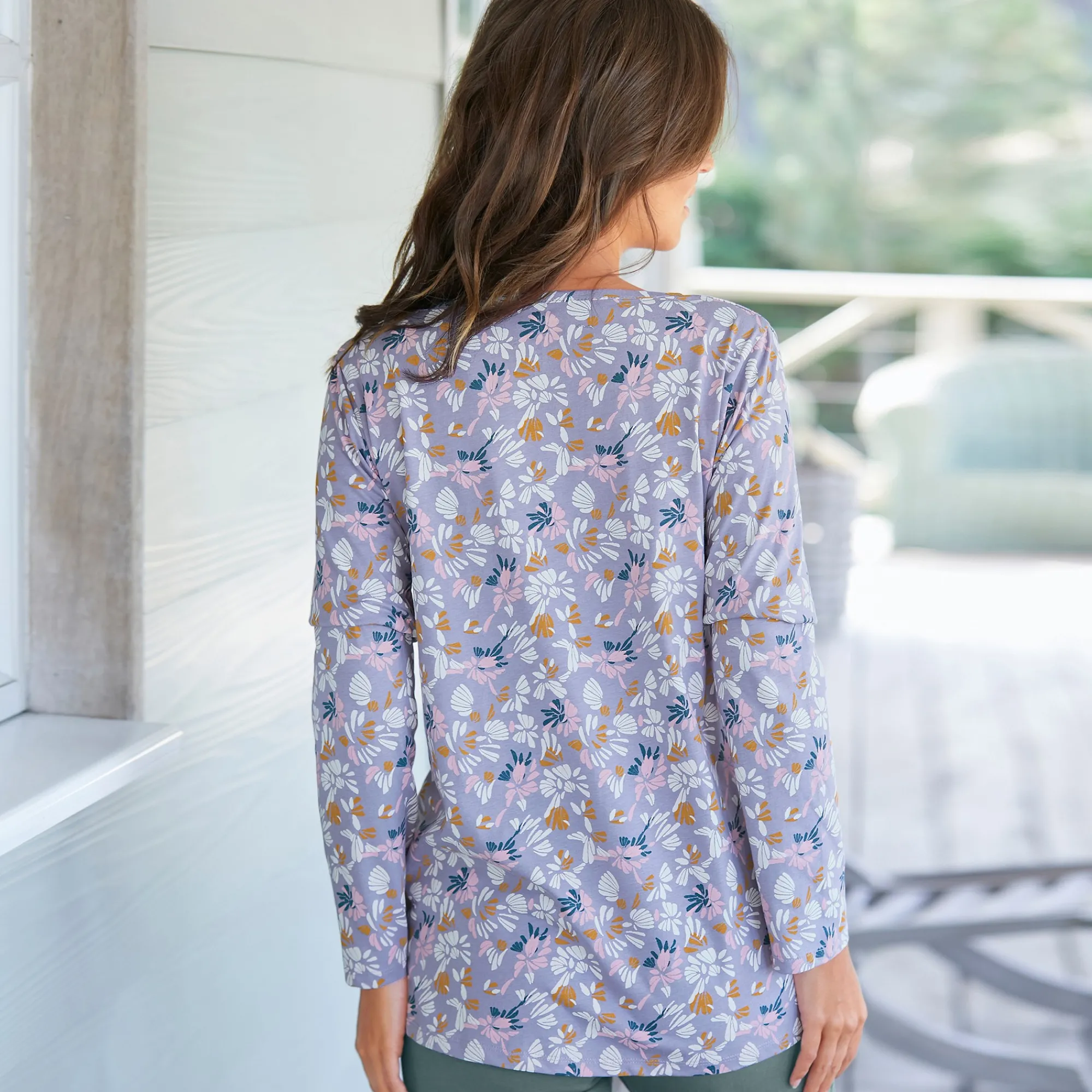 Pyjama<Blancheporte Pyjamashirt met lange mouwen en bloemblaadjesprint parma / ecru