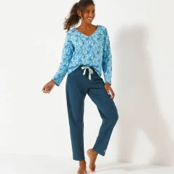 Pyjama<Blancheporte Pyjamashirt met lange mouwen en bloemblaadjesprint blauw / ecru