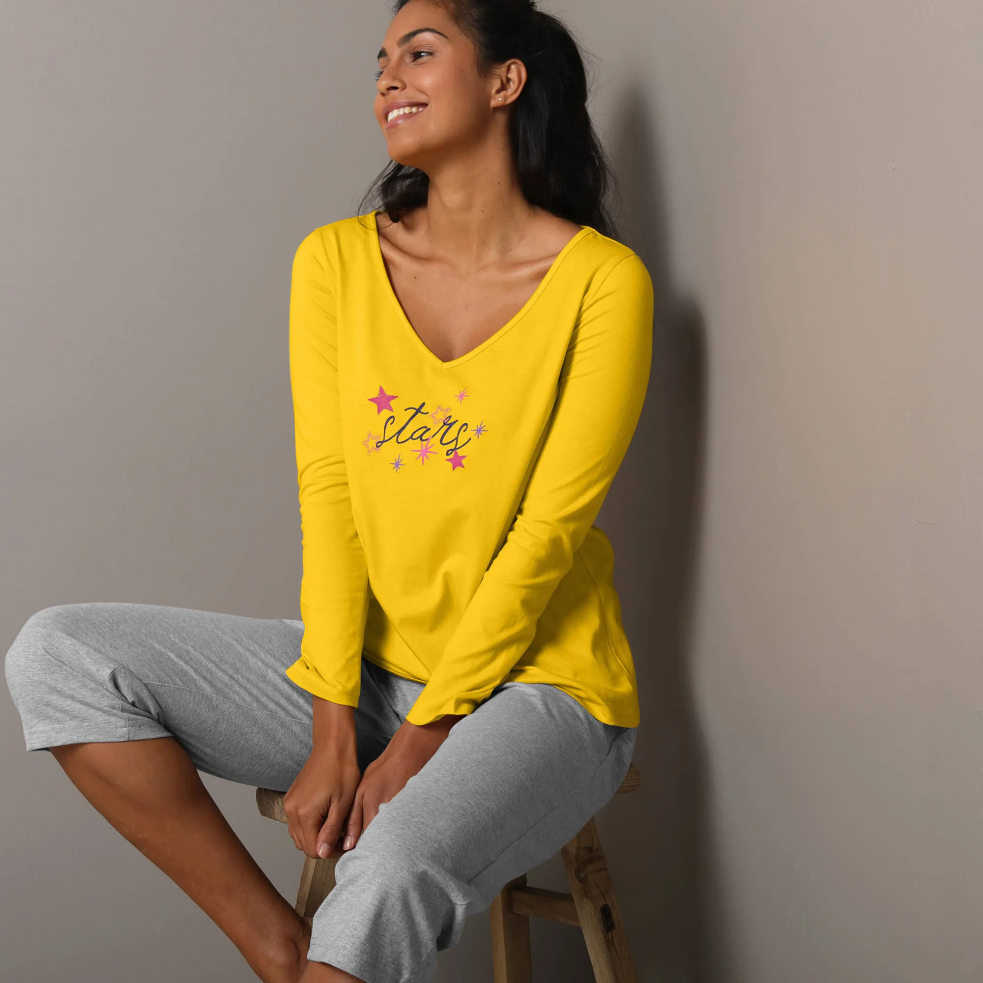 Pyjama<Blancheporte Pyjamashirt met lange mouwen en print Estrella geel