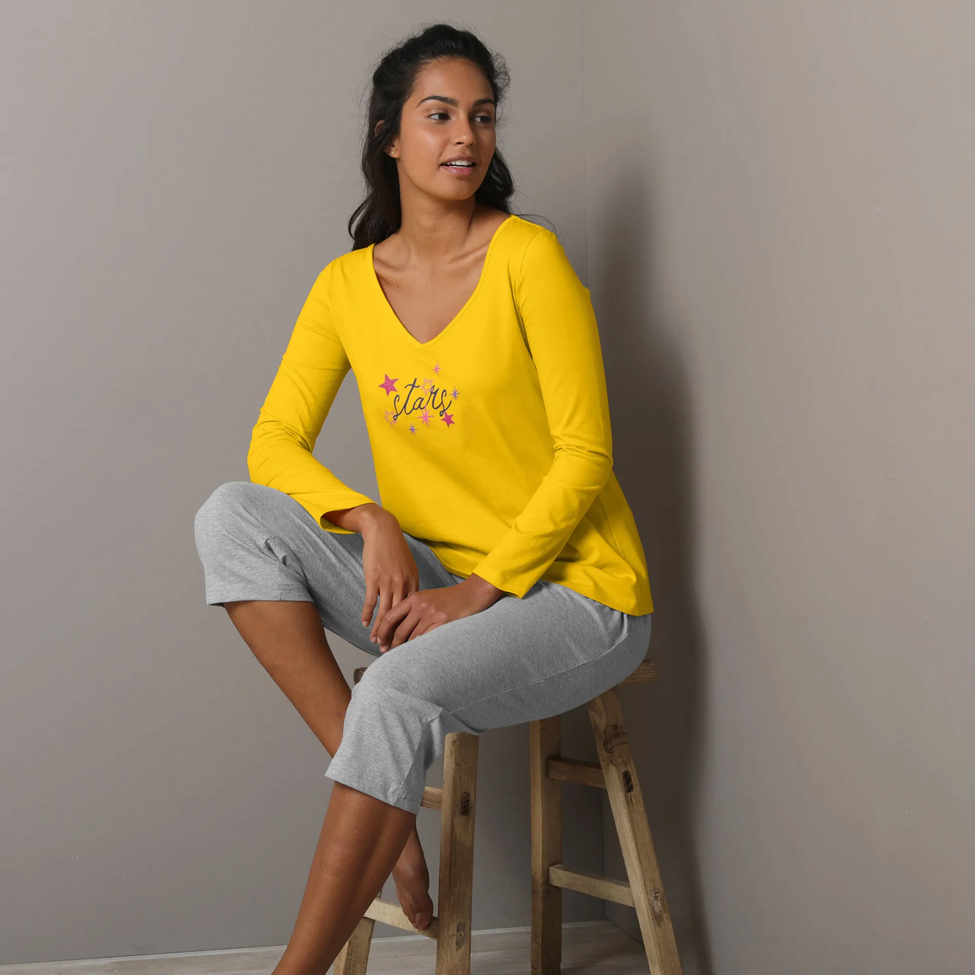 Pyjama<Blancheporte Pyjamashirt met lange mouwen en print Estrella geel