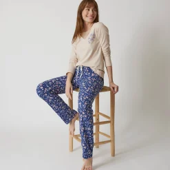 Pyjama<Blancheporte Pyjamashirt met lange mouwen en bloemenmotief zandkleur
