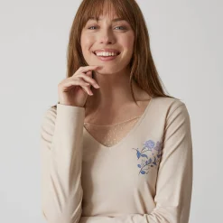 Pyjama<Blancheporte Pyjamashirt met lange mouwen en bloemenmotief zandkleur