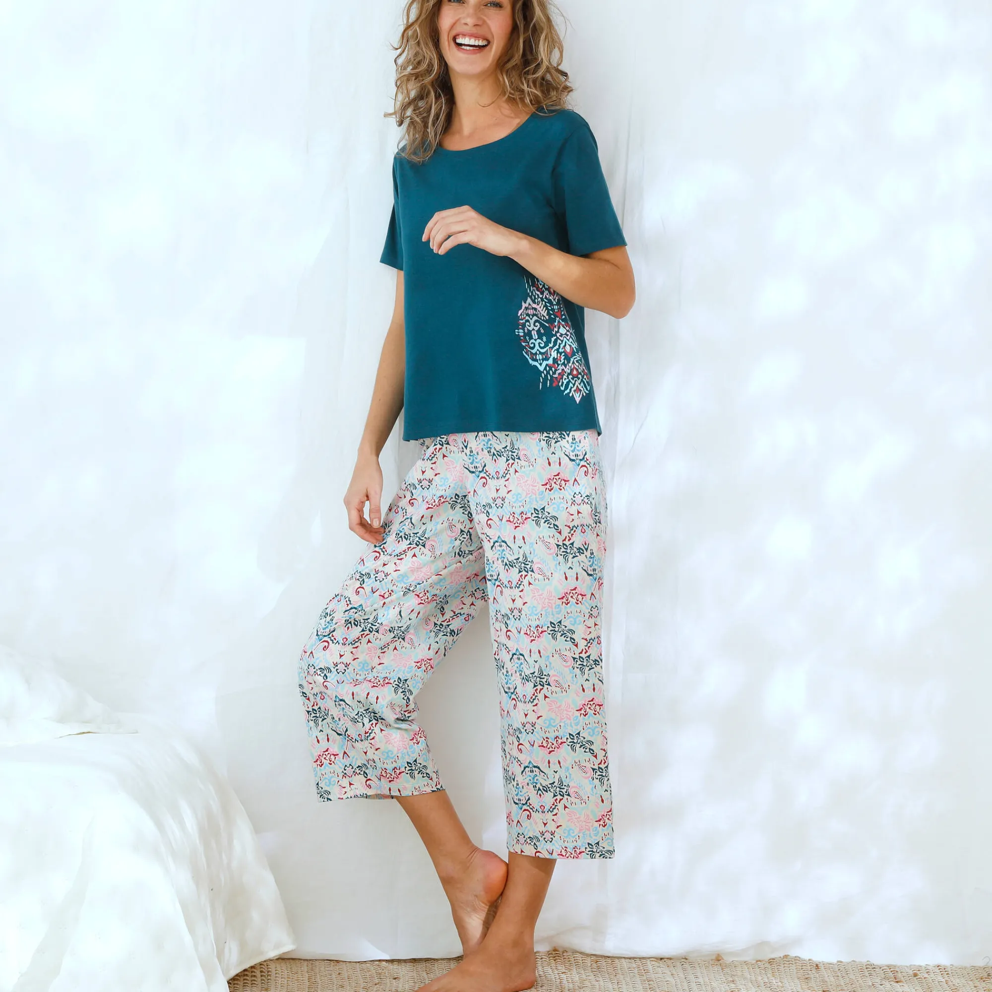 Pyjama<Blancheporte Pyjama-T-shirt met Ikat-print eendenblauw