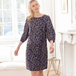 Jurk<Blancheporte Rechte, bedrukte jurk met 7/8-mouwen marine / blauw