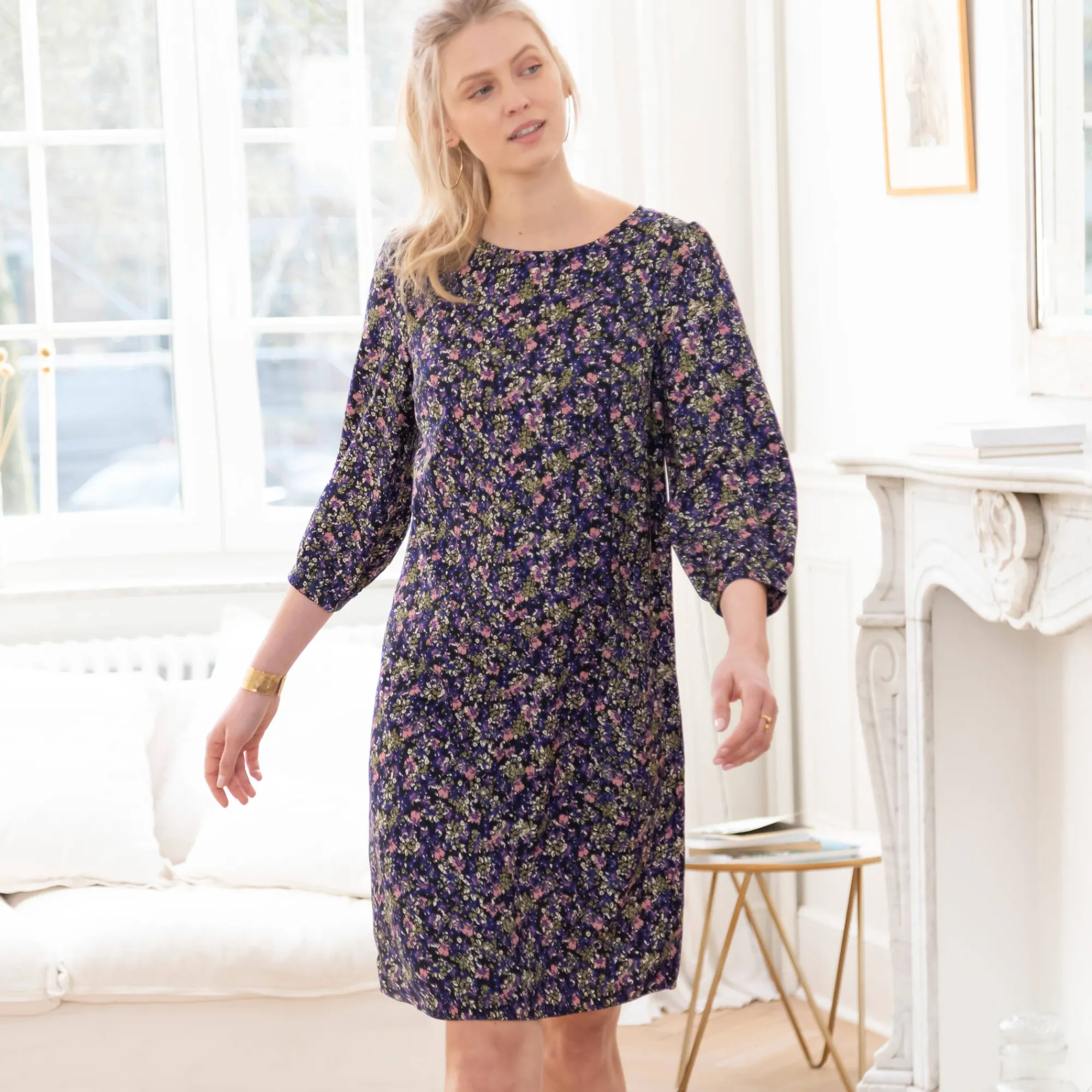 Jurk<Blancheporte Rechte, bedrukte jurk met 7/8-mouwen marine / blauw