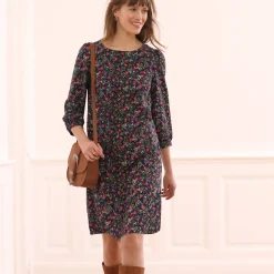 Jurk<Blancheporte Rechte, bedrukte jurk met 7/8-mouwen marine / roze