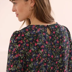 Jurk<Blancheporte Rechte, bedrukte jurk met 7/8-mouwen marine / roze