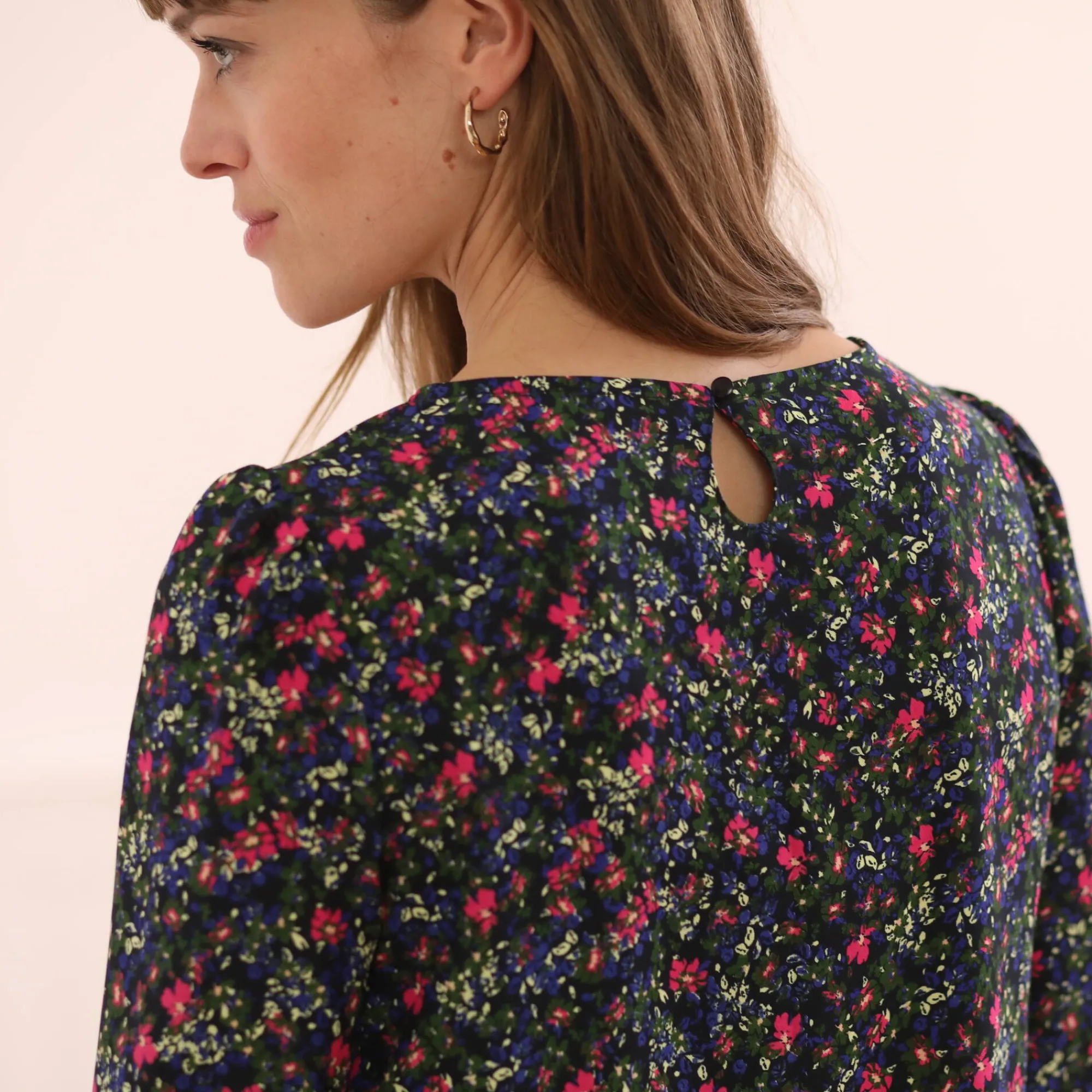 Jurk<Blancheporte Rechte, bedrukte jurk met 7/8-mouwen marine / roze