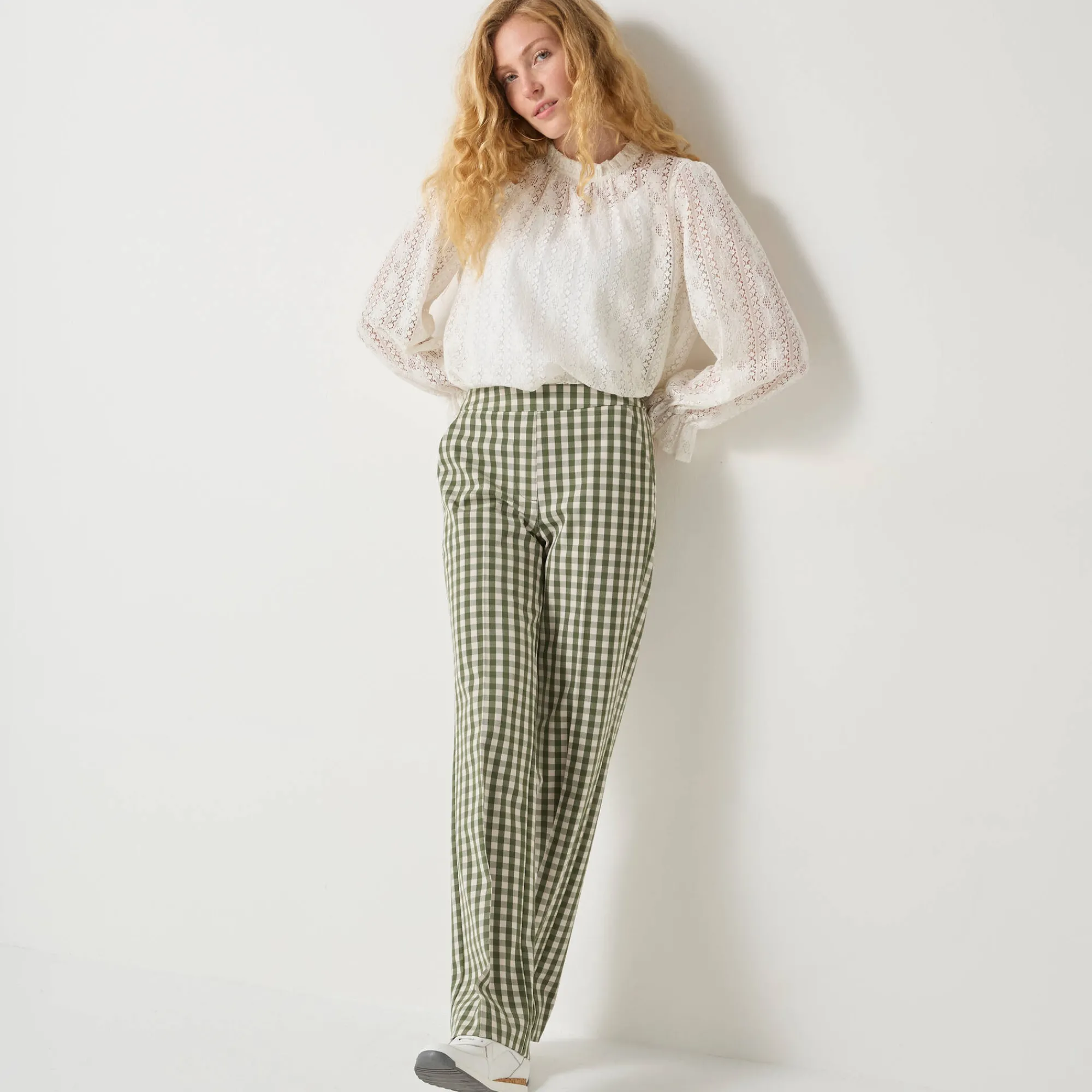 Broek<Blancheporte Rechte broek met ingeweven ruiten groen / ecru
