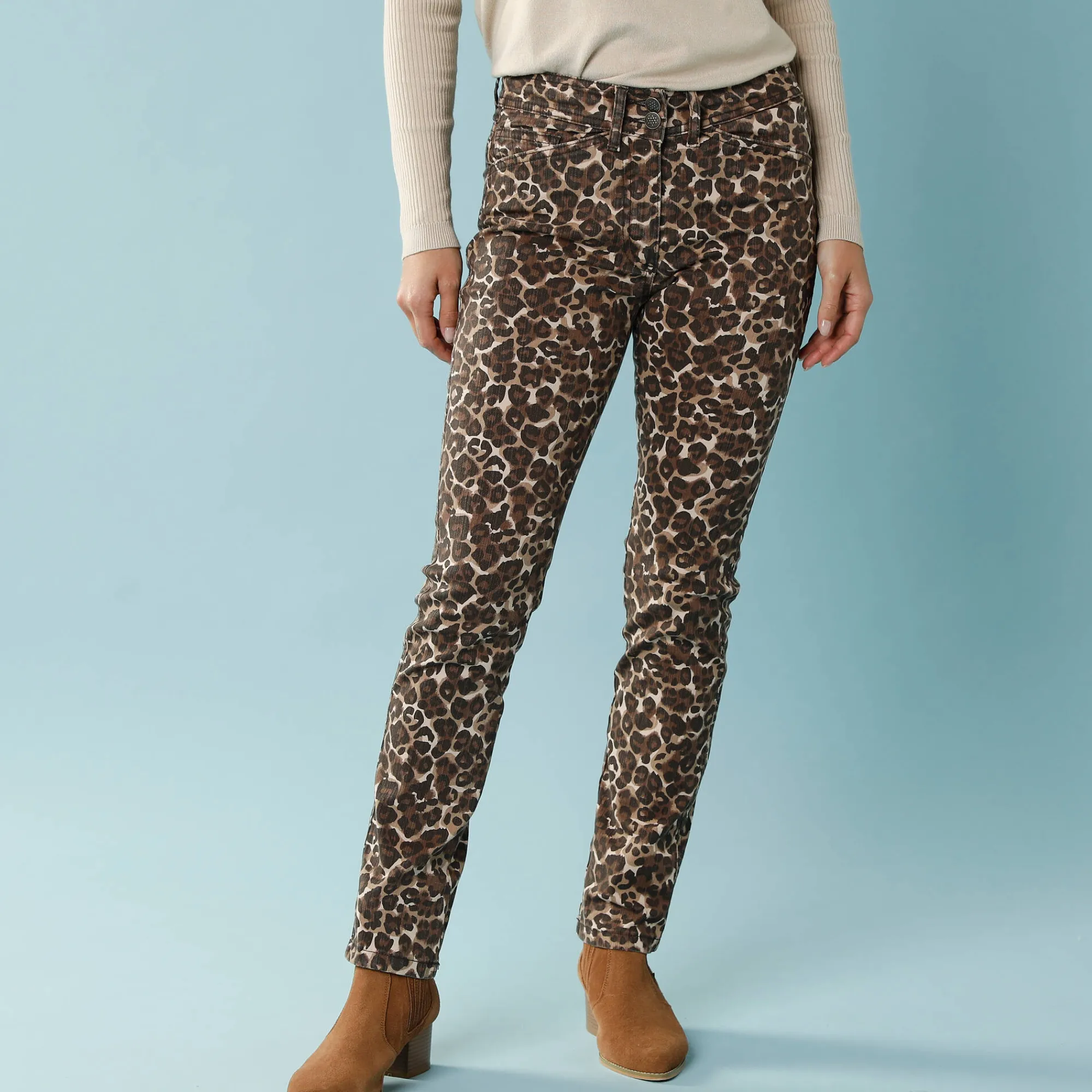 Broek<Blancheporte Rechte broek met luipaardprint, kleine lengtes taupe / chocolade