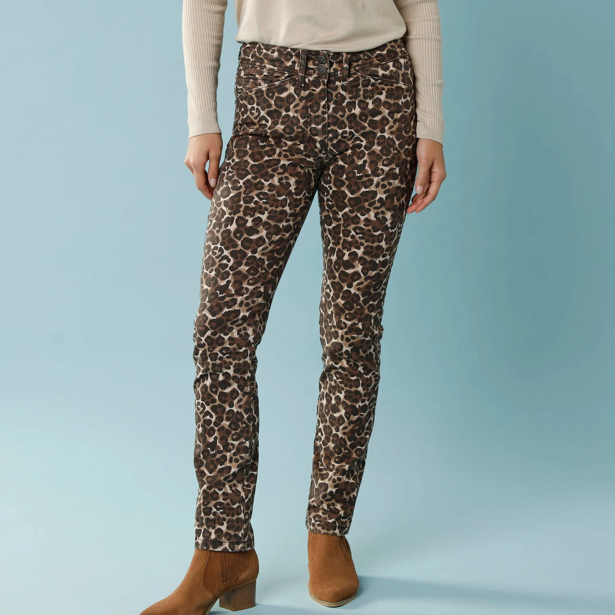 Broek<Blancheporte Rechte broek met luipaardprint, kleine lengtes taupe / chocolade